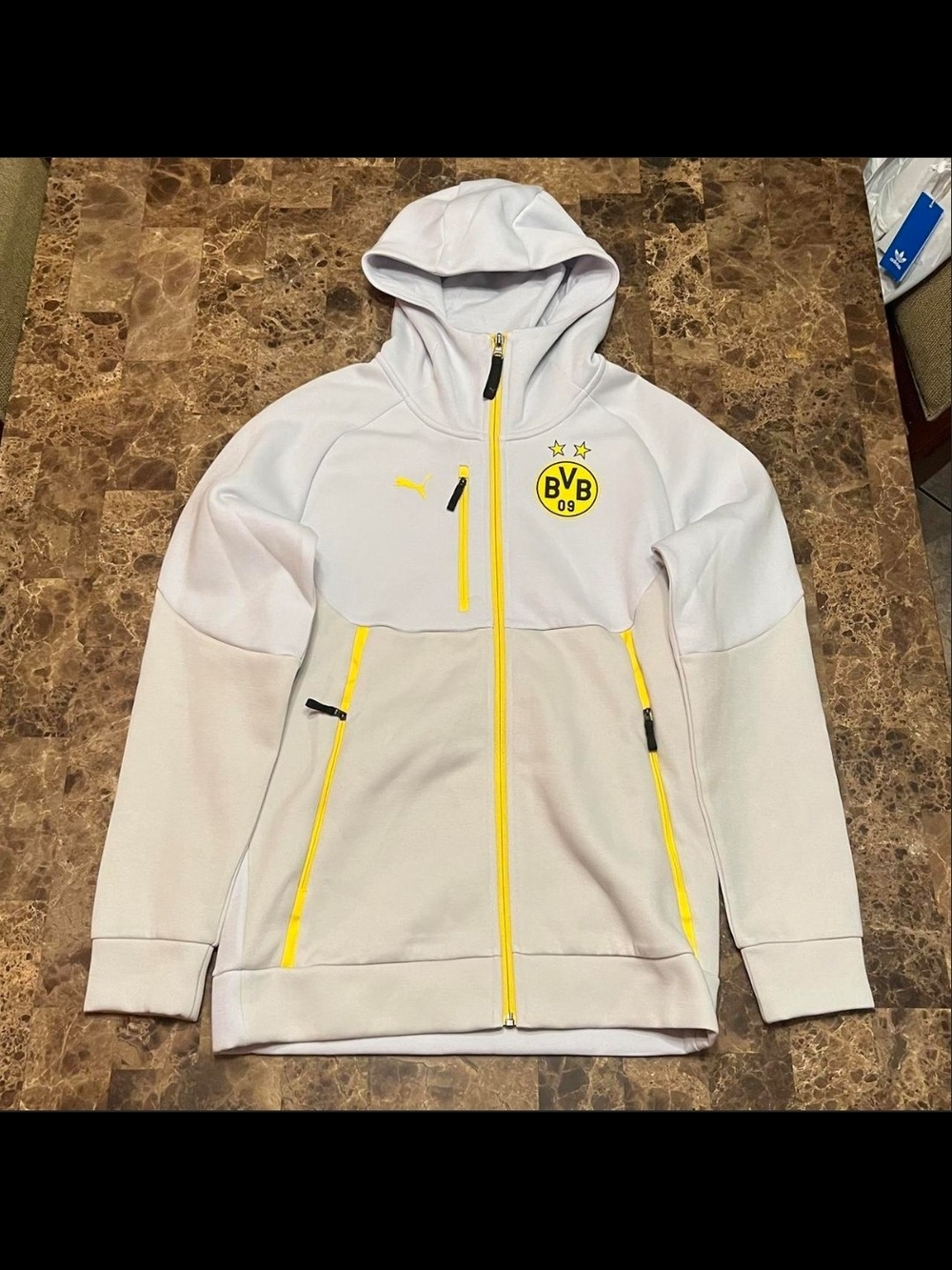 Puma Kids Hooded BVB Jacket in Light Gray with Yellow Trim